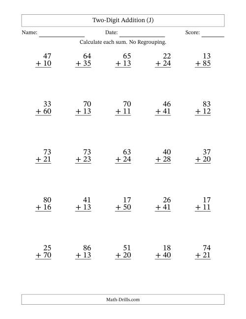The Two-Digit Addition With No Regrouping – 25 Questions (J) Math Worksheet