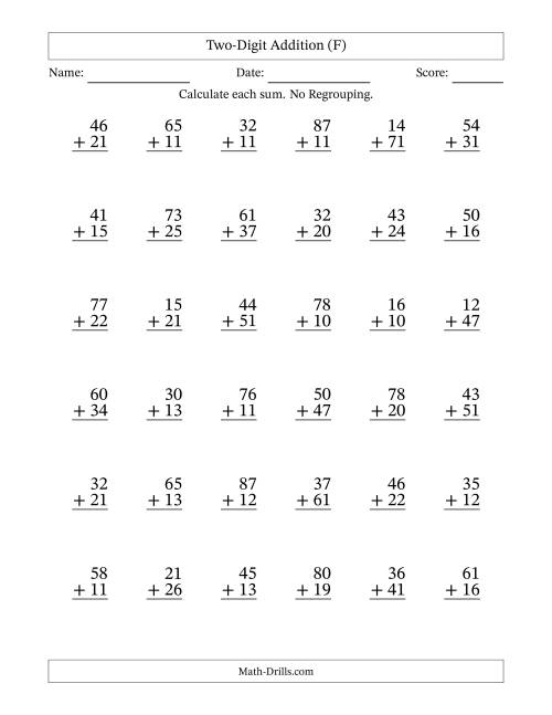 Two-Digit Addition -- No Regrouping -- 36 Questions (F)