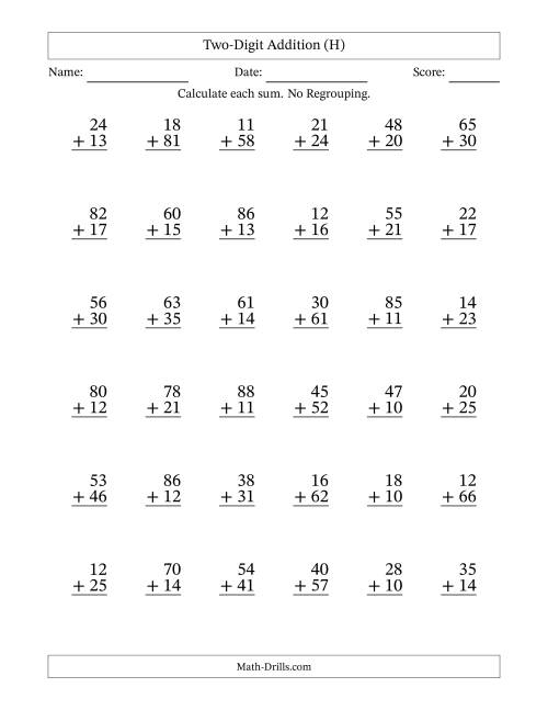 The Two-Digit Addition With No Regrouping – 36 Questions (H) Math Worksheet