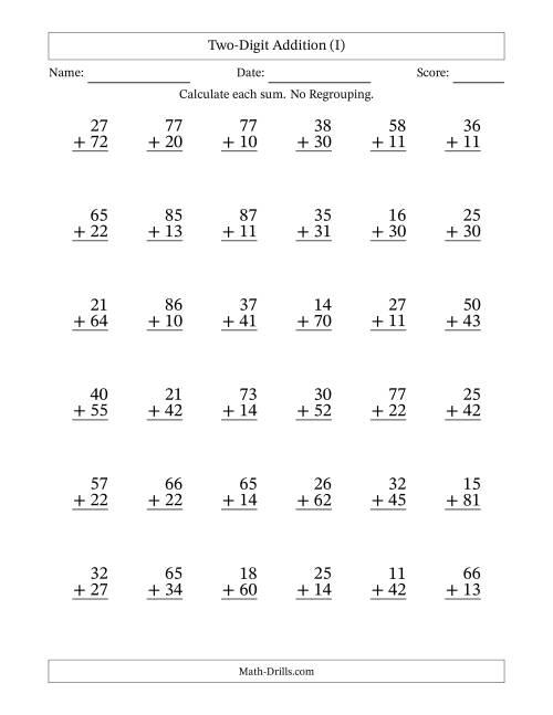 The Two-Digit Addition With No Regrouping – 36 Questions (I) Math Worksheet