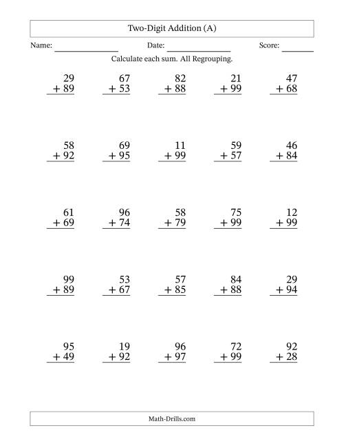 The Two-Digit Addition With All Regrouping – 25 Questions (A) Math Worksheet