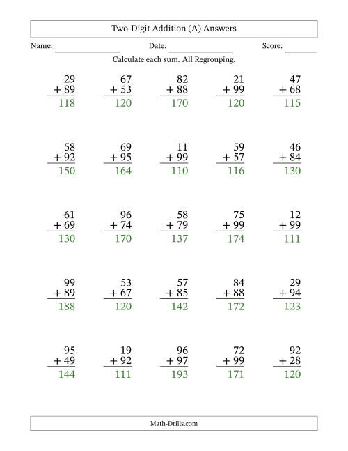 The Two-Digit Addition With All Regrouping – 25 Questions (A) Math Worksheet Page 2