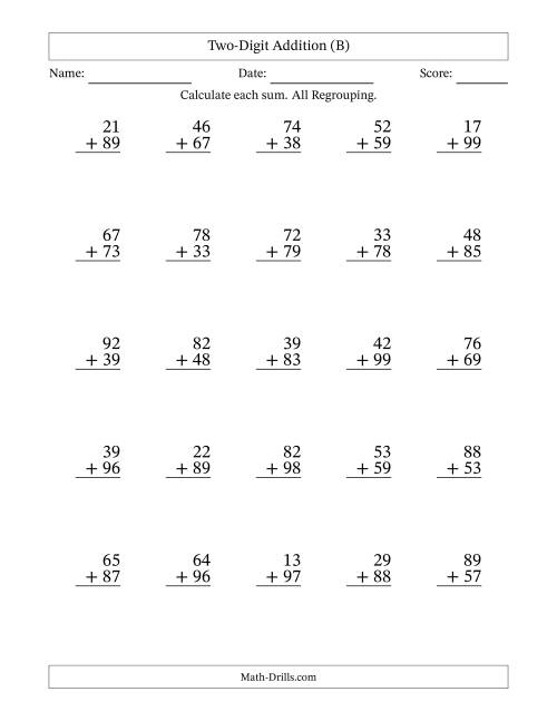 The Two-Digit Addition With All Regrouping – 25 Questions (B) Math Worksheet