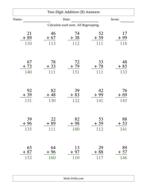 The Two-Digit Addition With All Regrouping – 25 Questions (B) Math Worksheet Page 2