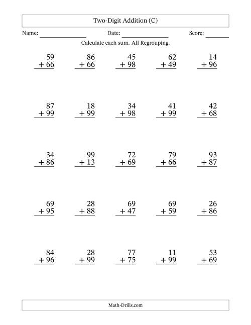 The Two-Digit Addition With All Regrouping – 25 Questions (C) Math Worksheet