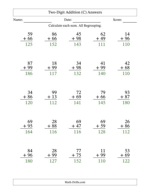 The Two-Digit Addition With All Regrouping – 25 Questions (C) Math Worksheet Page 2