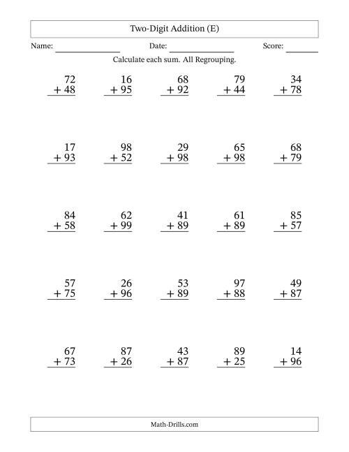 The 2-Digit Plus 2-Digit Addtion with ALL Regrouping (E) Math Worksheet