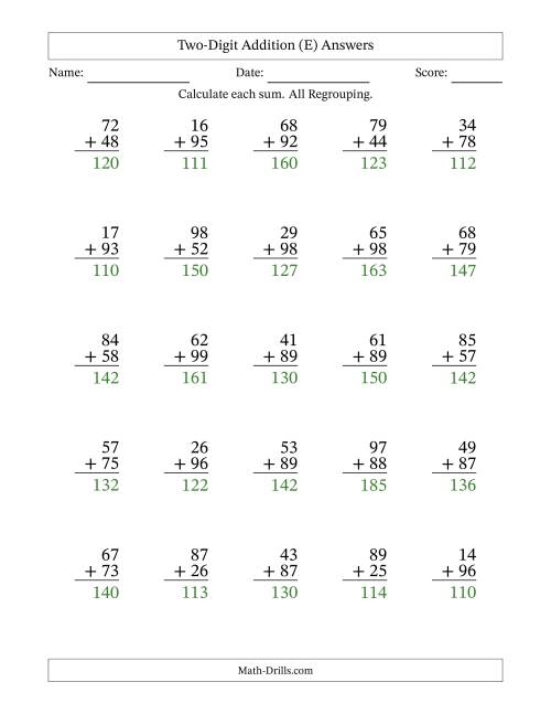 The Two-Digit Addition With All Regrouping – 25 Questions (E) Math Worksheet Page 2