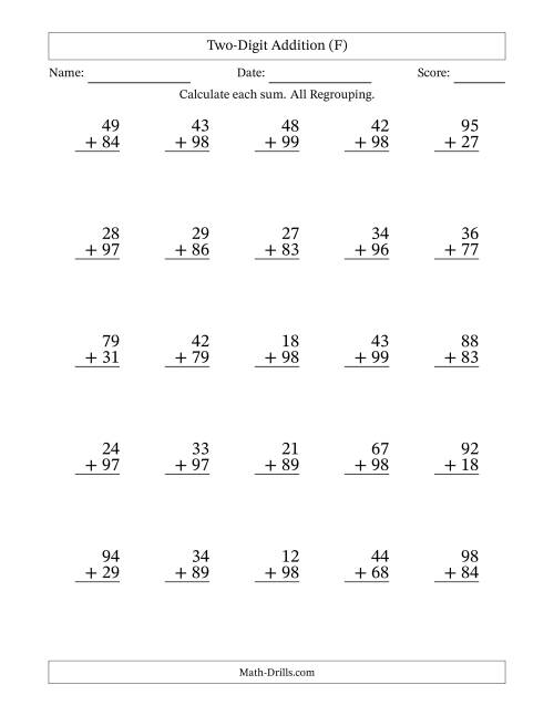 The 2-Digit Plus 2-Digit Addtion with ALL Regrouping (F) Math Worksheet