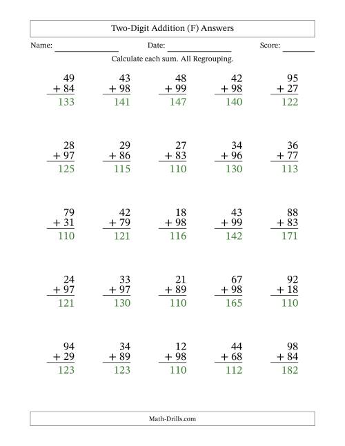 The Two-Digit Addition With All Regrouping – 25 Questions (F) Math Worksheet Page 2