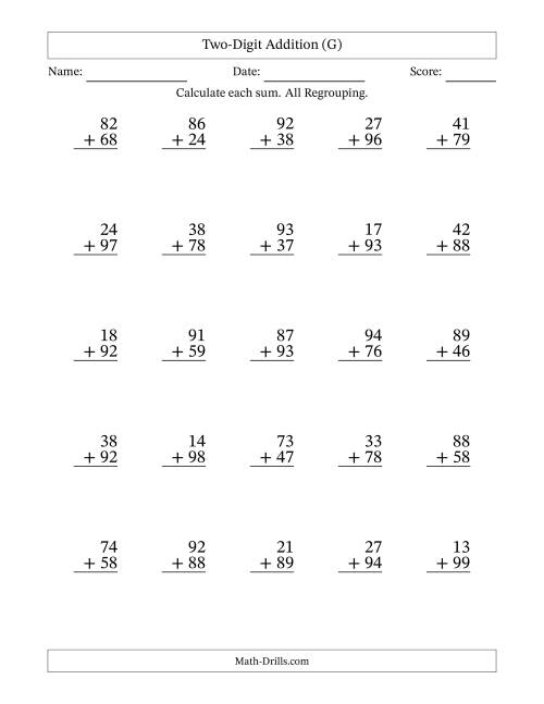 The Two-Digit Addition With All Regrouping – 25 Questions (G) Math Worksheet
