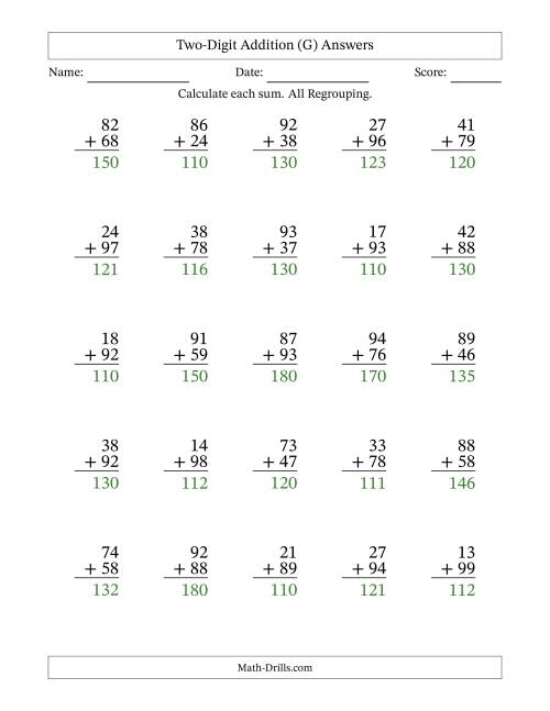 The Two-Digit Addition With All Regrouping – 25 Questions (G) Math Worksheet Page 2