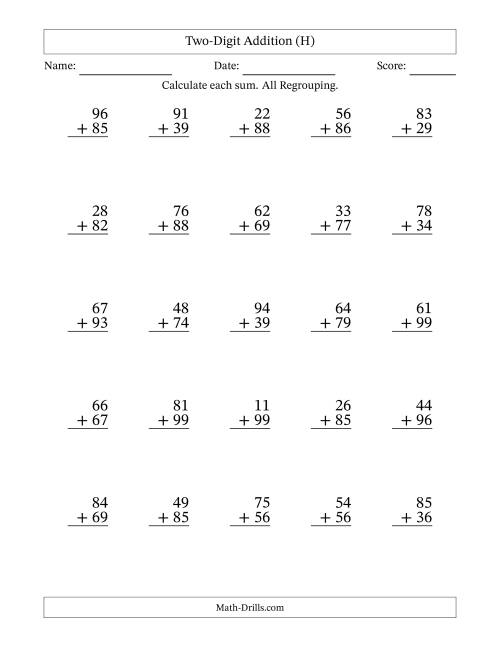 The Two-Digit Addition With All Regrouping – 25 Questions (H) Math Worksheet
