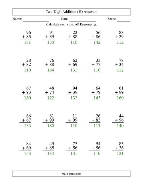 The Two-Digit Addition With All Regrouping – 25 Questions (H) Math Worksheet Page 2