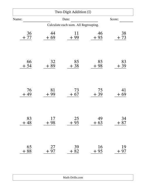 The Two-Digit Addition With All Regrouping – 25 Questions (I) Math Worksheet