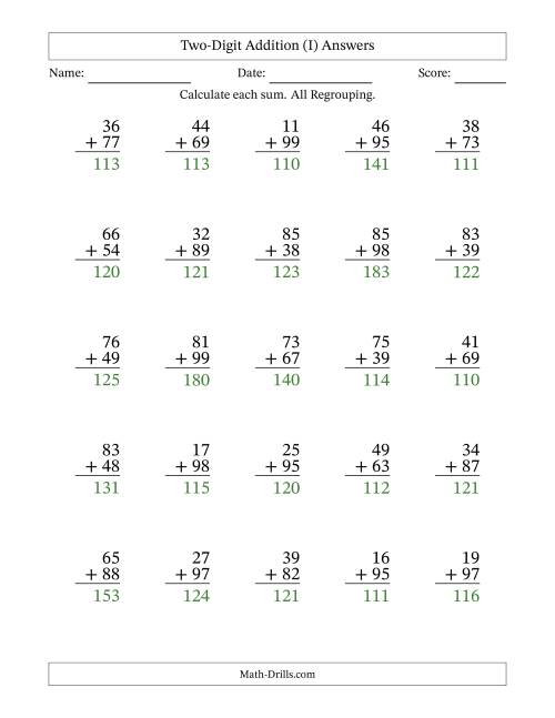 The Two-Digit Addition With All Regrouping – 25 Questions (I) Math Worksheet Page 2
