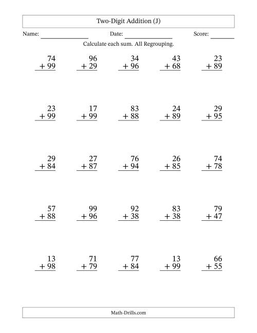 The Two-Digit Addition With All Regrouping – 25 Questions (J) Math Worksheet