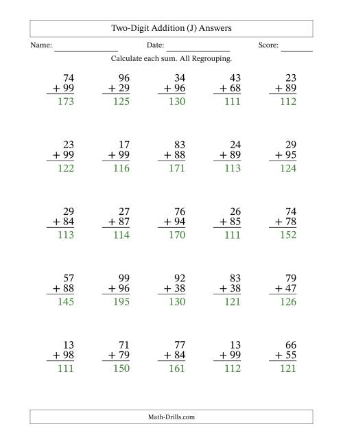 The Two-Digit Addition With All Regrouping – 25 Questions (J) Math Worksheet Page 2
