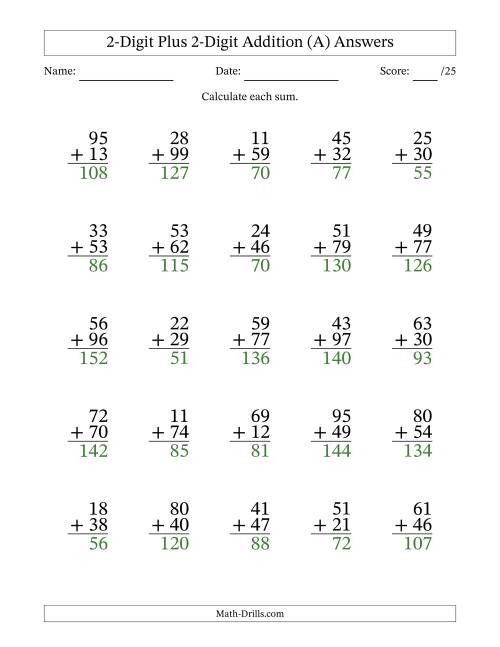 The 2-Digit Plus 2-Digit Addition With Some Regrouping (25 Questions) (A) Math Worksheet Page 2
