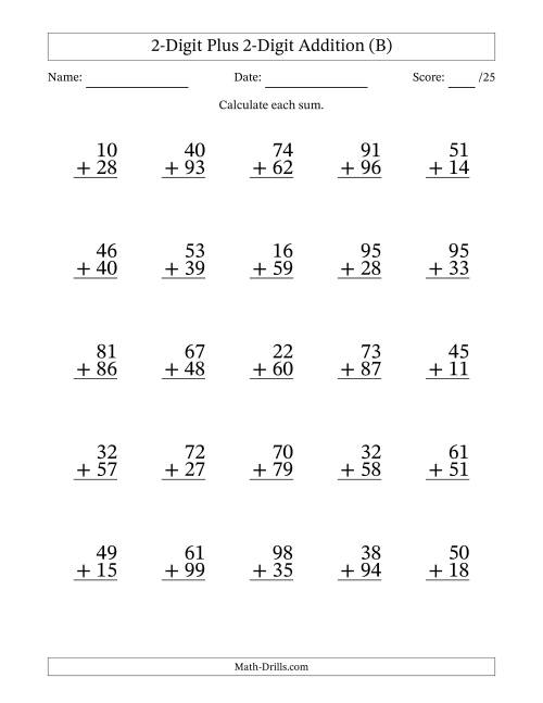 The 2-Digit Plus 2-Digit Addition With Some Regrouping (25 Questions) (B) Math Worksheet