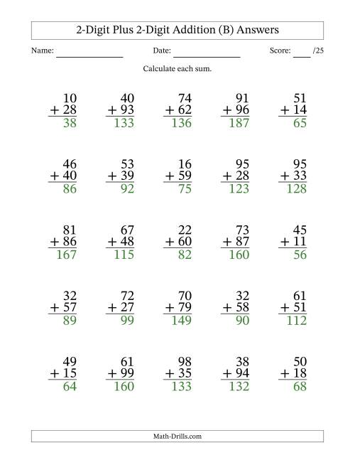 The 2-Digit Plus 2-Digit Addition With Some Regrouping (25 Questions) (B) Math Worksheet Page 2