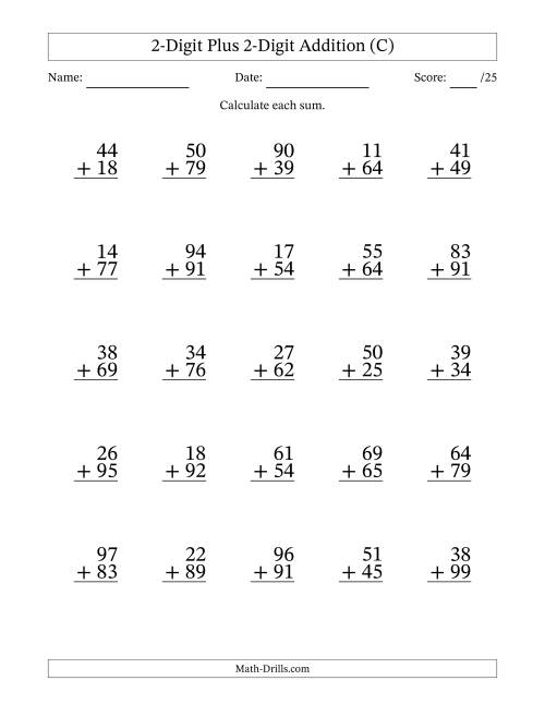 The 2-Digit Plus 2-Digit Addition With Some Regrouping (25 Questions) (C) Math Worksheet