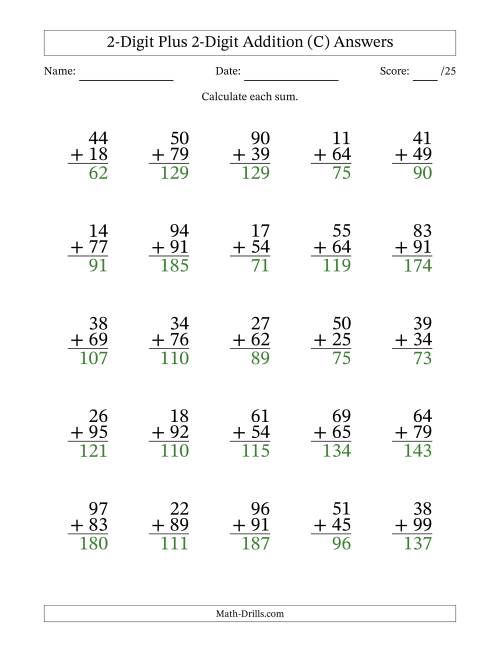 The 2-Digit Plus 2-Digit Addition With Some Regrouping (25 Questions) (C) Math Worksheet Page 2