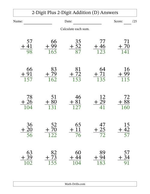 The 2-Digit Plus 2-Digit Addition With Some Regrouping (25 Questions) (D) Math Worksheet Page 2