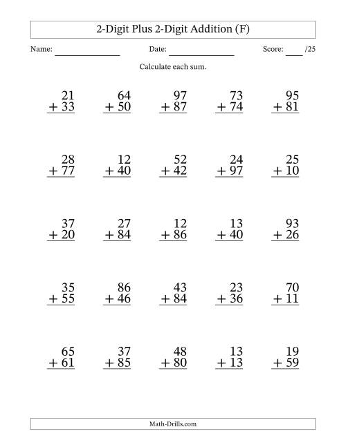 The 2-Digit Plus 2-Digit Addition With Some Regrouping (25 Questions) (F) Math Worksheet