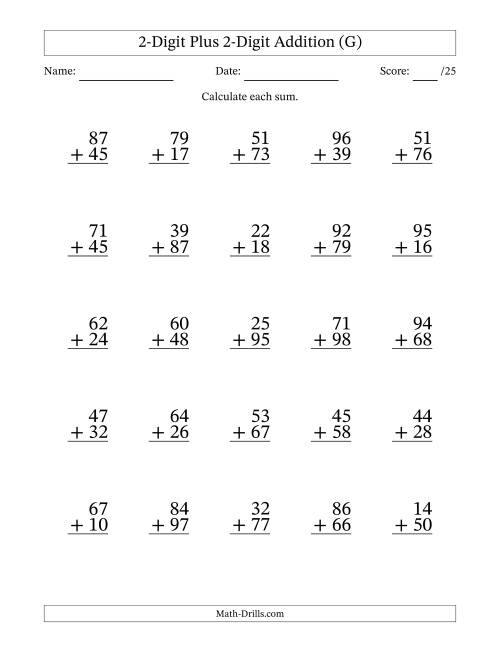The 2-Digit Plus 2-Digit Addition With Some Regrouping (25 Questions) (G) Math Worksheet