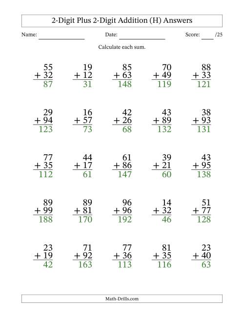 The 2-Digit Plus 2-Digit Addition With Some Regrouping (25 Questions) (H) Math Worksheet Page 2