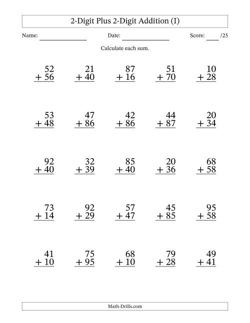 The 2-Digit Plus 2-Digit Addition With Some Regrouping (25 Questions) (I) Math Worksheet