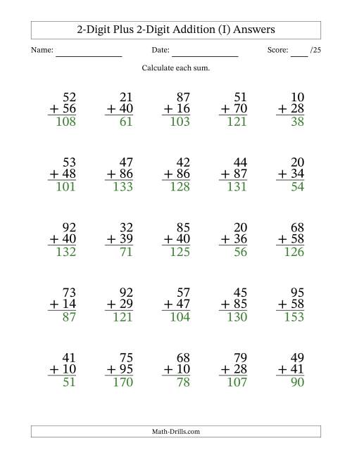 The 2-Digit Plus 2-Digit Addition With Some Regrouping (25 Questions) (I) Math Worksheet Page 2