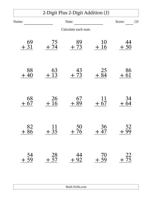 The 2-Digit Plus 2-Digit Addition With Some Regrouping (25 Questions) (J) Math Worksheet