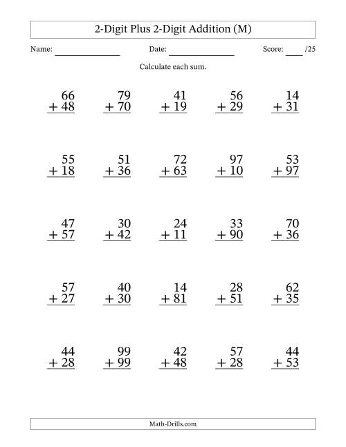 The 2-Digit Plus 2-Digit Addition With Some Regrouping (25 Questions) (M) Math Worksheet