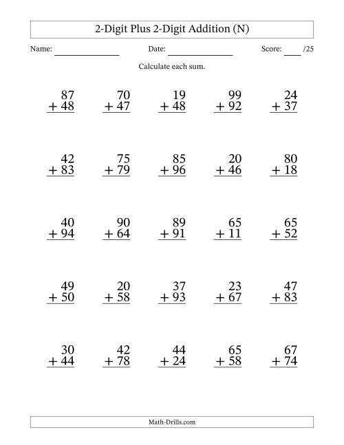 The 2-Digit Plus 2-Digit Addition With Some Regrouping (25 Questions) (N) Math Worksheet