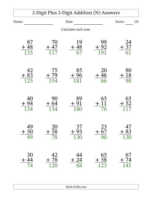 The 2-Digit Plus 2-Digit Addition With Some Regrouping (25 Questions) (N) Math Worksheet Page 2