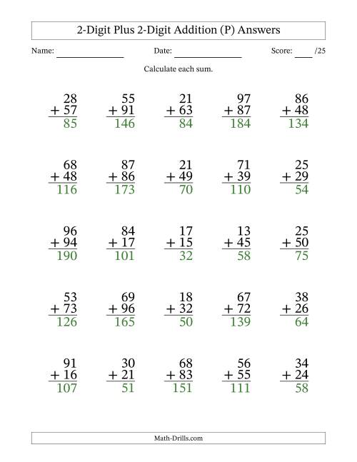 The 2-Digit Plus 2-Digit Addition With Some Regrouping (25 Questions) (P) Math Worksheet Page 2