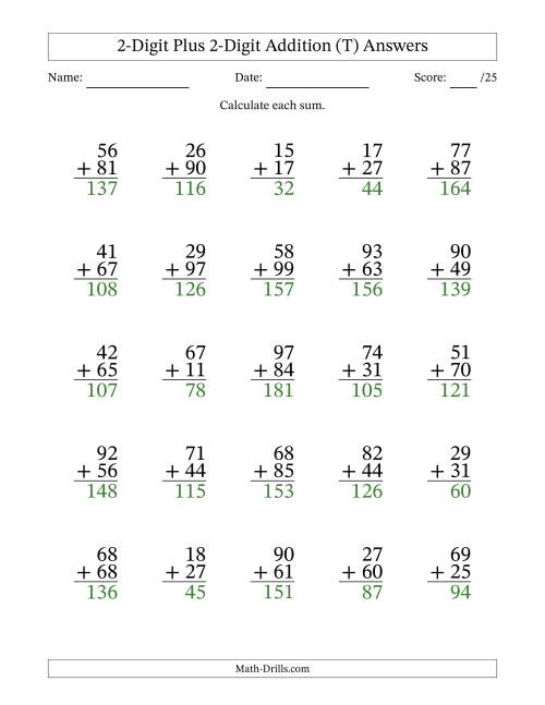 The 2-Digit Plus 2-Digit Addition With Some Regrouping (25 Questions) (T) Math Worksheet Page 2