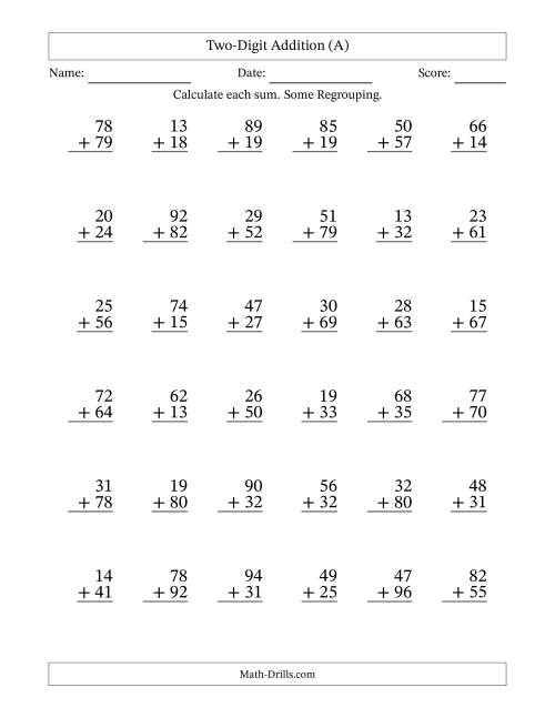 The Two-Digit Addition With Some Regrouping – 36 Questions (A) Math Worksheet