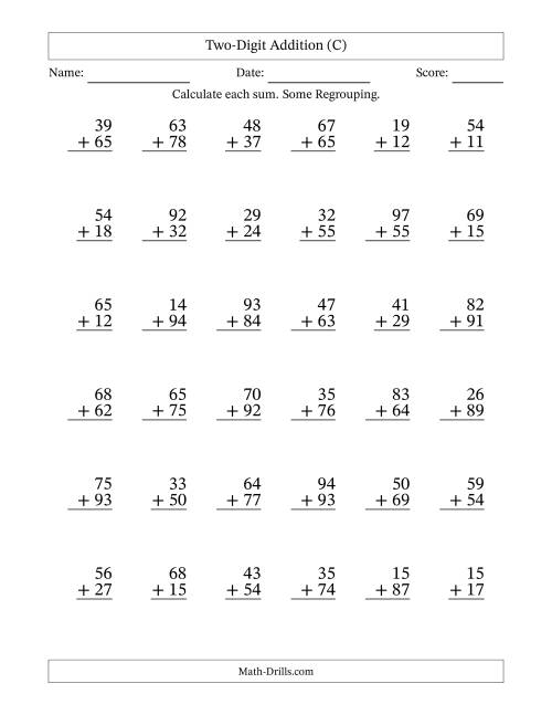 The Two-Digit Addition With Some Regrouping – 36 Questions (C) Math Worksheet