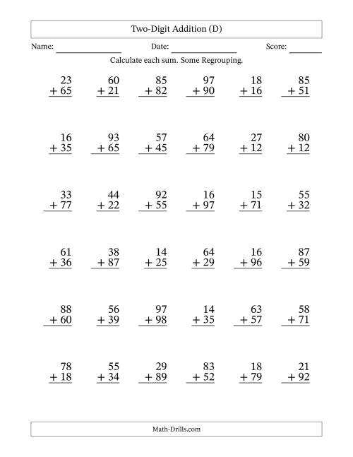 The Two-Digit Addition With Some Regrouping – 36 Questions (D) Math Worksheet