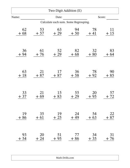 The Two-Digit Addition With Some Regrouping – 36 Questions (E) Math Worksheet