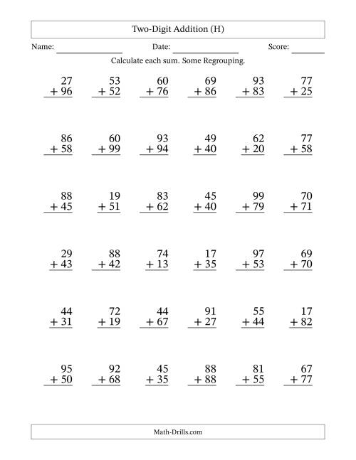 The Two-Digit Addition With Some Regrouping – 36 Questions (H) Math Worksheet