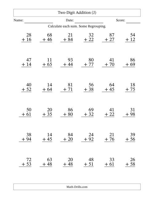 The Two-Digit Addition With Some Regrouping – 36 Questions (J) Math Worksheet