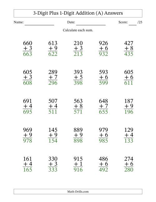 The 3-Digit Plus 1-Digit Addition With Some Regrouping (25 Questions) (A) Math Worksheet Page 2
