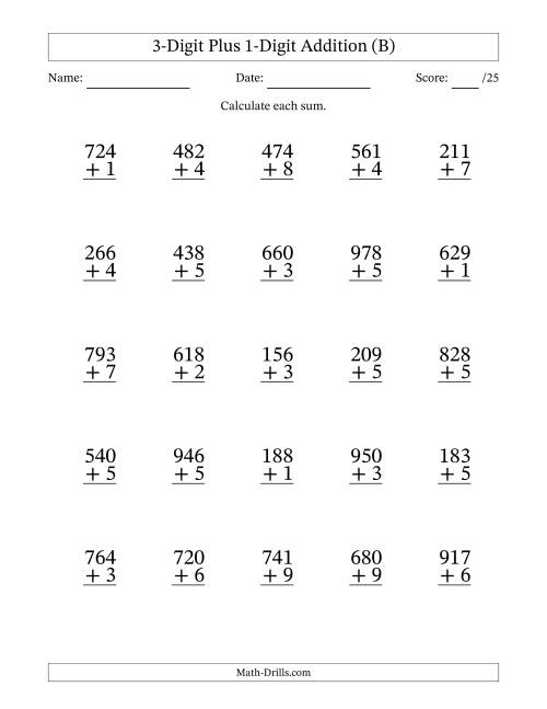 The 3-Digit Plus 1-Digit Addition With Some Regrouping (25 Questions) (B) Math Worksheet