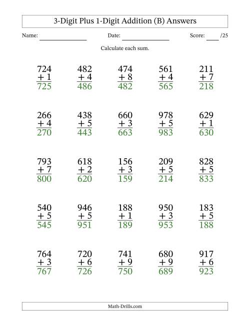 The 3-Digit Plus 1-Digit Addition With Some Regrouping (25 Questions) (B) Math Worksheet Page 2