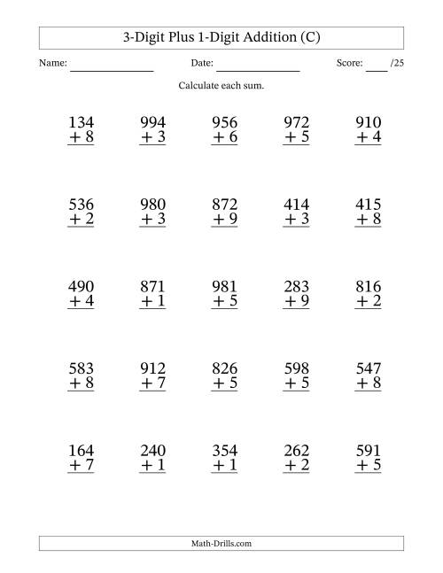 The 3-Digit Plus 1-Digit Addition With Some Regrouping (25 Questions) (C) Math Worksheet