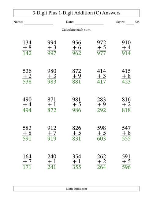 The 3-Digit Plus 1-Digit Addition With Some Regrouping (25 Questions) (C) Math Worksheet Page 2
